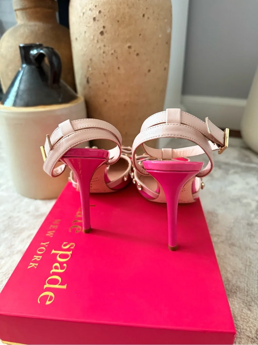 Kate Spade Pink Lydia bow Patent T-Strap Pointed Toe Heels